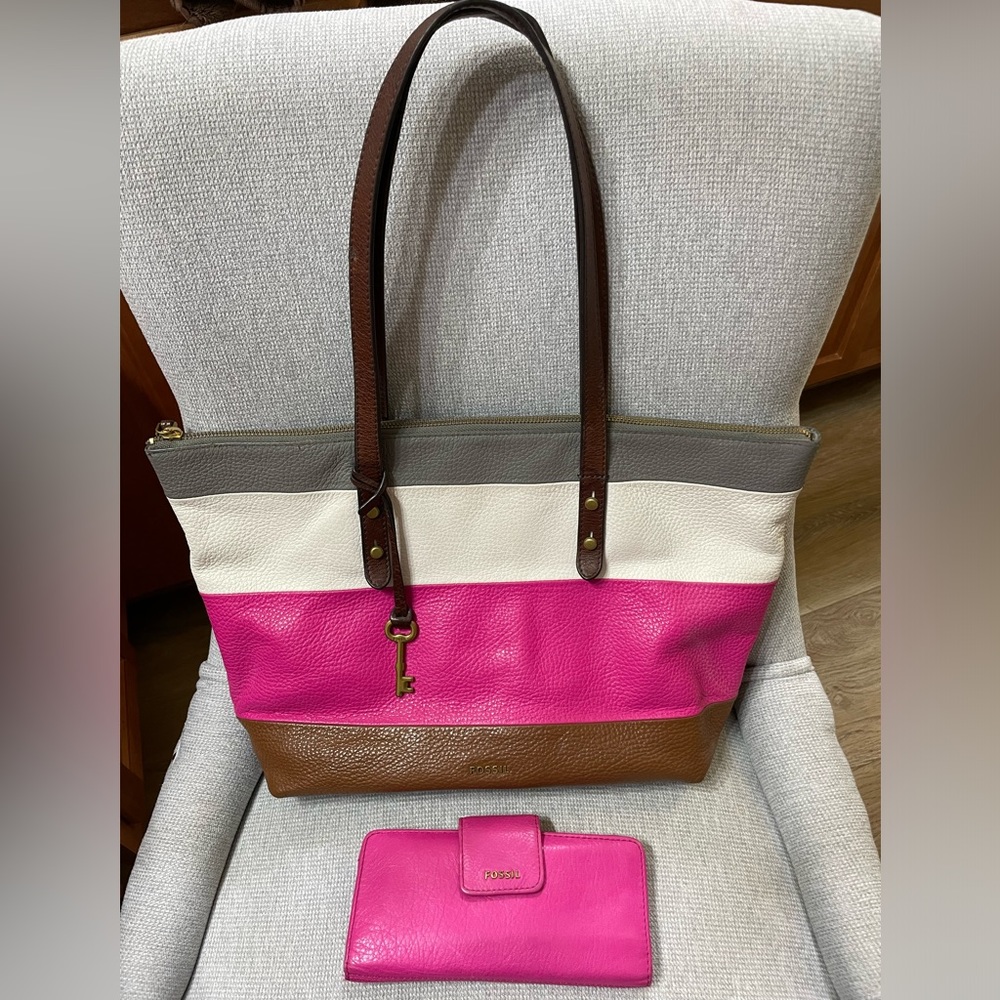 Fossil multicolor tote purse and matching wallet